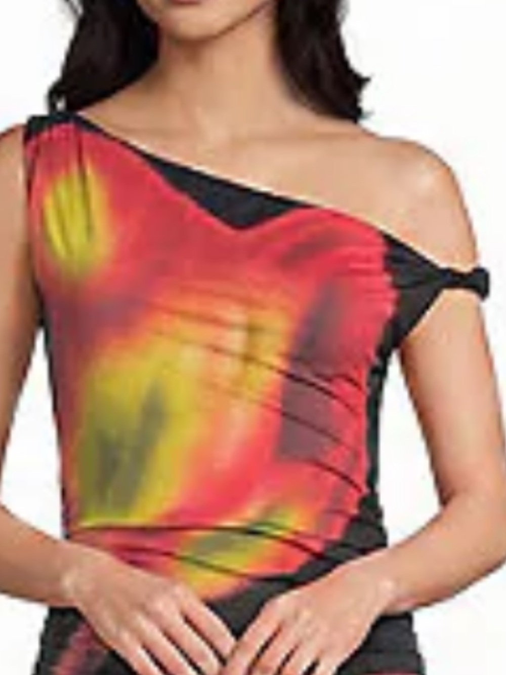 Gianni Bini One-Shoulder Tie-Dye Dress in Red & Yellow with Black Accents